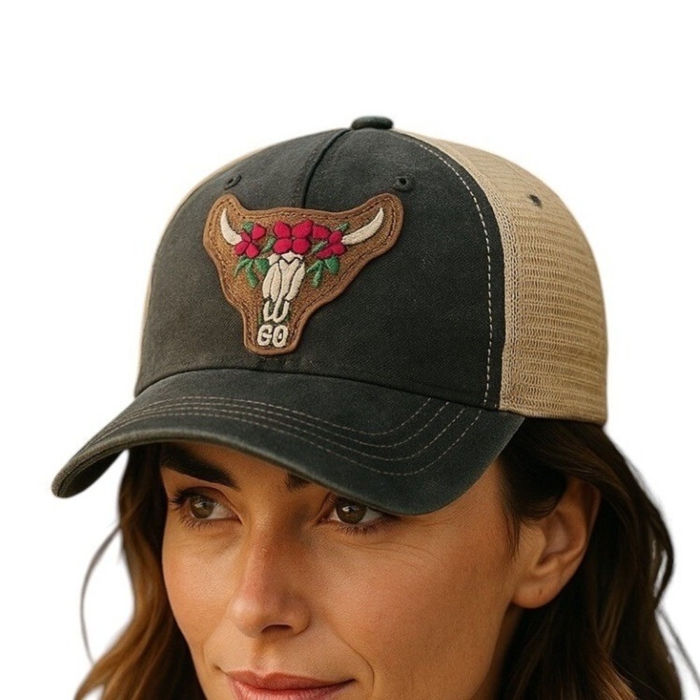 Women’s Black and Tan Trucker Cap with Embroidered Bull Skull